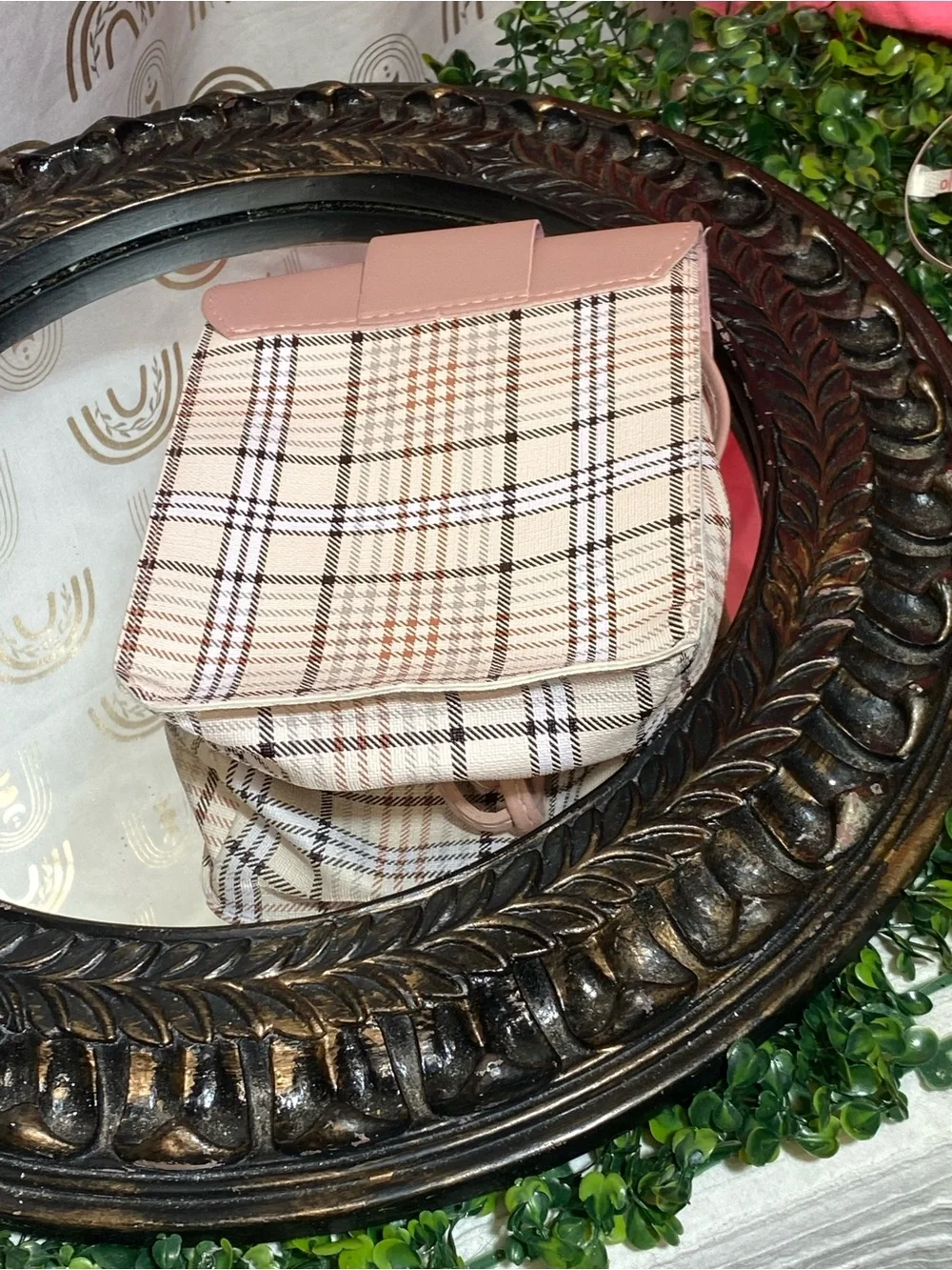 Plaid Pink Crossbody Bag with Gold Accent